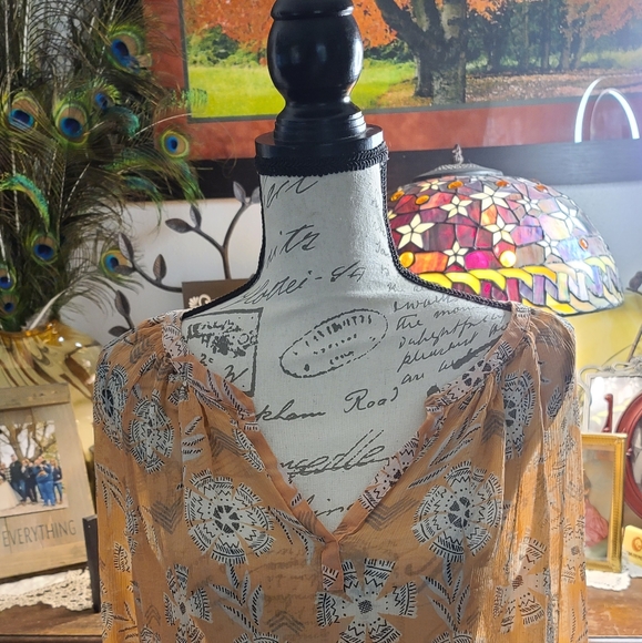 Lucky Brand sherbert orange long sleeves v neck sheer top - Picture 2 of 8